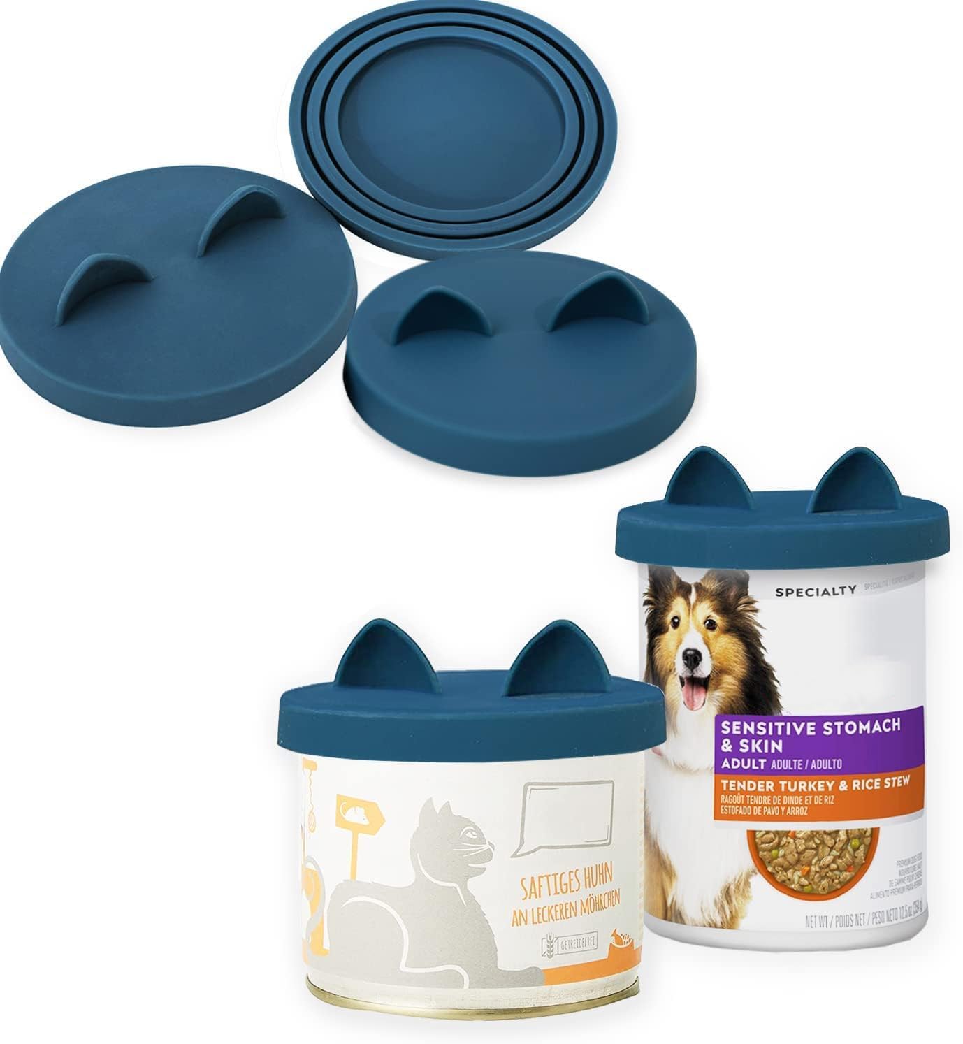 OHMO 3 Pack Dog Food Can Lids, (3, 12, 14oz etc.) Universal Size Silicone Covers for Cat and Dog Food, Dark Blue