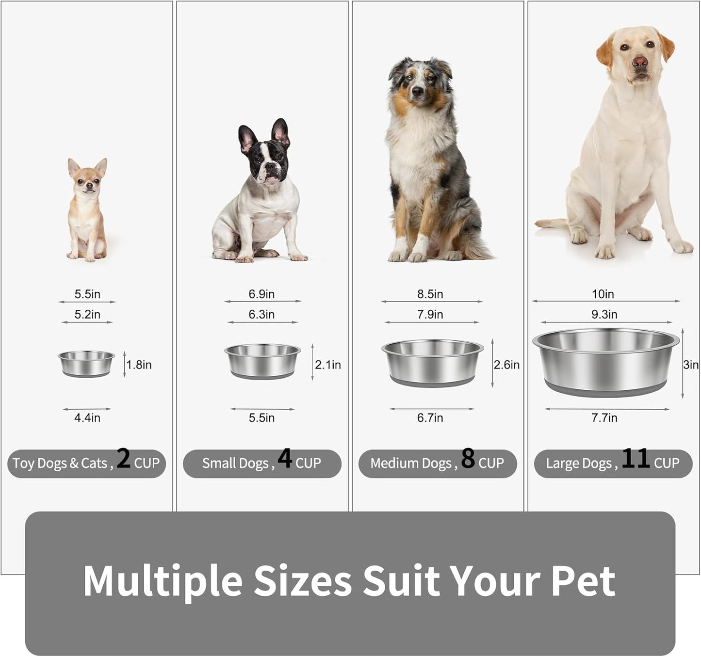 Taglory 2 Cup Stainless Steel Dog Bowls Set of 2 for Food and Water, Silicone Base Anti-Slip, Rust Resistant, Extra Thick Metal Dog Bowl for Cats and Puppies, 17oz, Gray