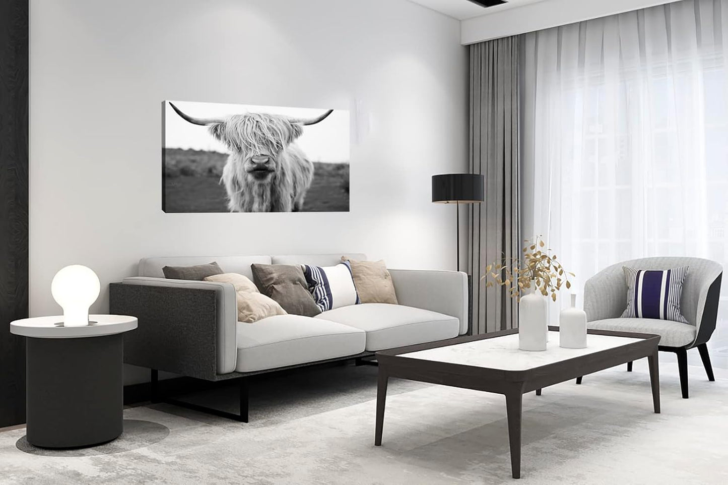 XXMWallArt FC3675 Highland Cow Canvas Art - Black and White Animal Wall Art for Living Room, Bedroom, Office Wall Decor