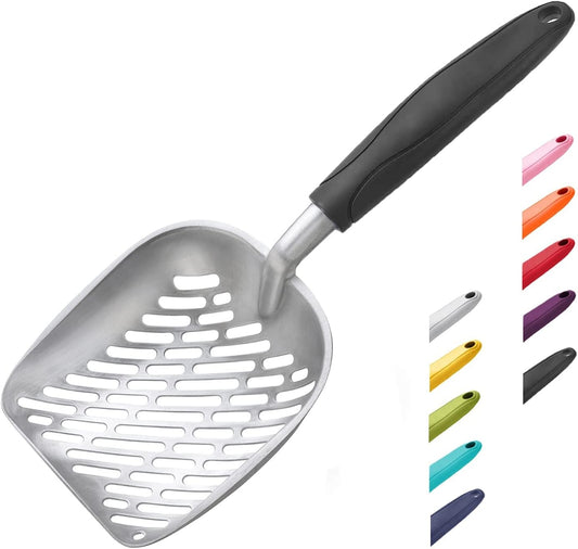 WePet Cat Litter Scoop, Aluminum Alloy Sifter, Kitty Metal Scooper, Deep Shovel with Diagonal Sifting Hole, Long Handle, Kitten Poop Lifter for Litter Box, Large Size, Black Handle