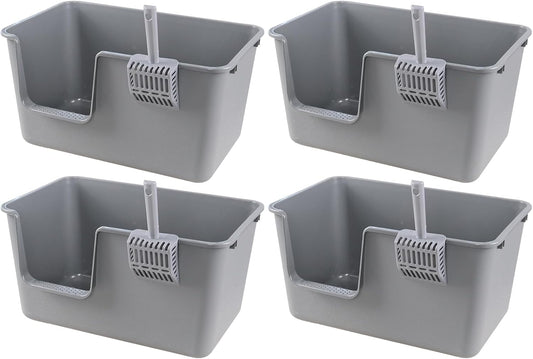 4 Packs Large Cat Litter Box with High Sides, Grey Open Top Cat Litter Basin