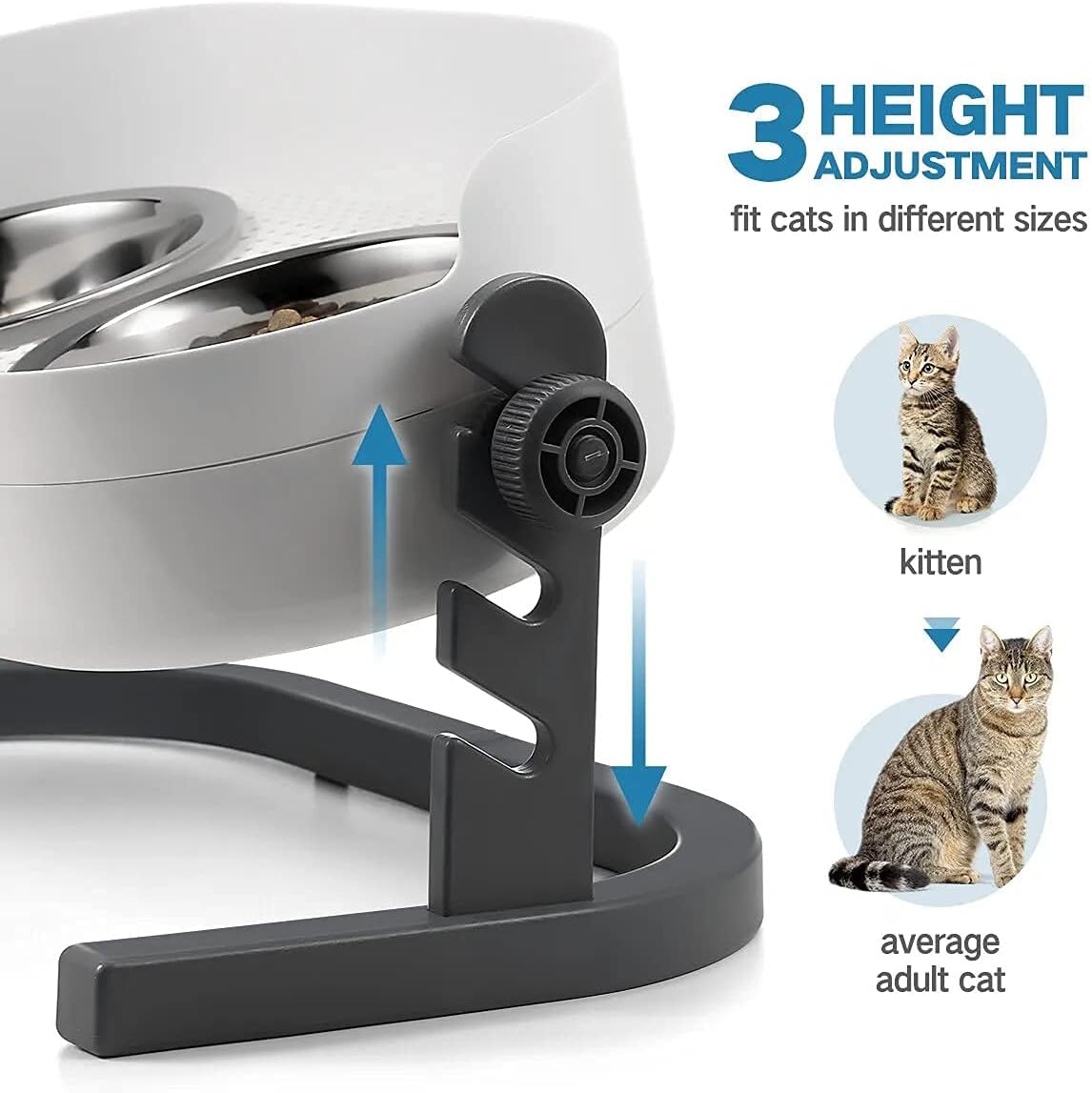 All for Paws Height Adjustable Cat Elevated Bowls Stainless Steel Dog Food Water Bowls, Height Adjustable Cat Feeder Mess Proof Pet Feeding Bowls for Small to Large Size Cats