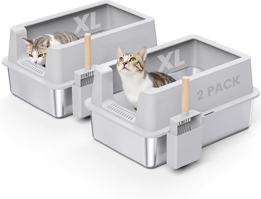 2 Pack Stainless Steel Cat Litter Box - Enclosed XL Metal Kitty Litter Box with Lid for Big Cats, High Sided, Anti-Leakage, Easy Cleaning, Non-Sticky, Included Cat Litter Spoon