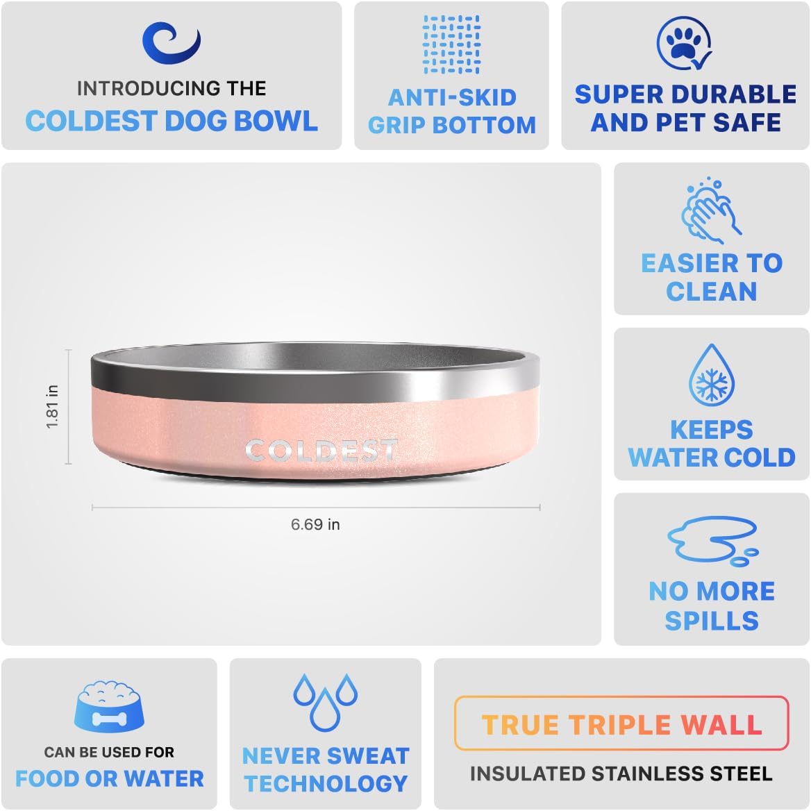 Coldest Dog Bowl - Anti Rust Metal, Non Slip, 3 Layers Insulated Stainless Steel Dog Bowls - Spill Proof & Heavy Duty - Water Bowl for Dogs, Cats & Pets, Dish Washer Safe (21 oz, Forever Pink Glitter)
