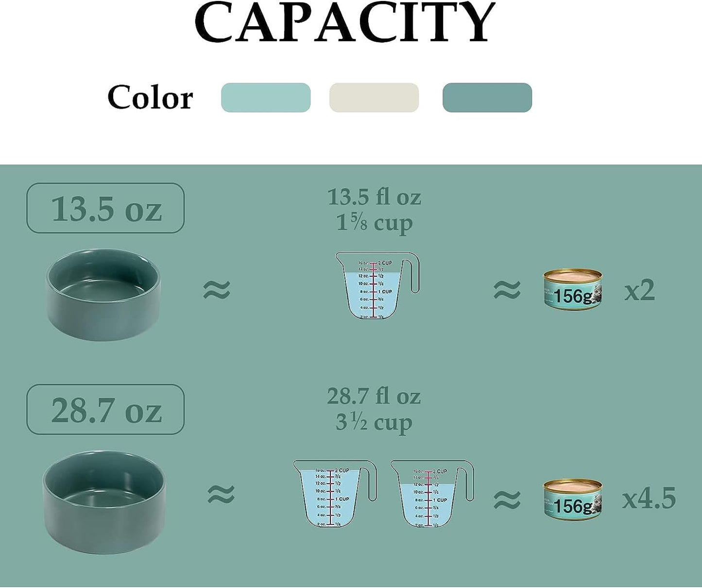 SPUNKYJUNKY Ceramic Dog and Cat Bowl Set with Wooden Stand, Modern Cute Weighted Food Water Set for Small Size Dogs (13.5OZ) & Medium Sized Dogs (28.7OZ) & Cats (3.6 Cups, 2 × Light Green)