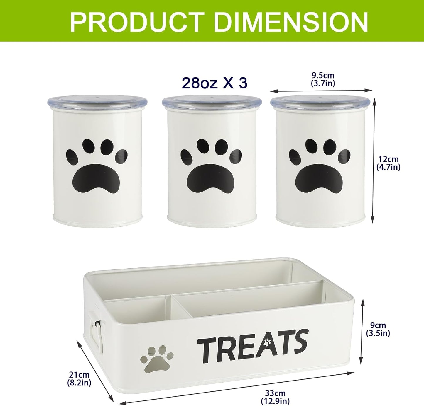 28oz Metal Dog Treat Container Set of 3,Dog Treat Jars with Airtight Lids,Cat Treat Jar,Dog Treat Canister for Countertop,Coated Galvanized Steel Dog Treats Station-White