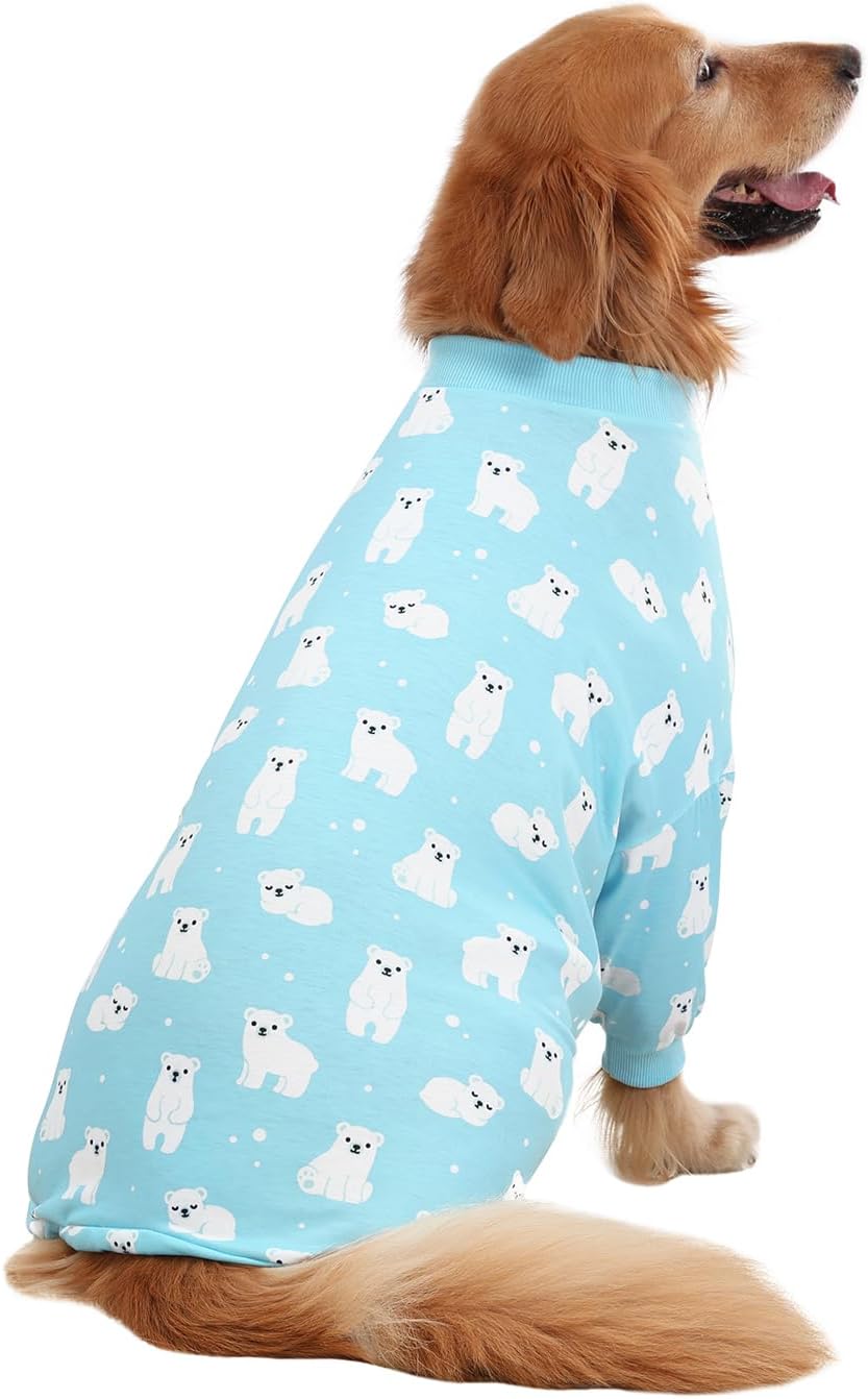 HDE Dog Pajamas One Piece Jammies Jumpsuit Pet Clothes Outfit Stretchy Lightweight Comfy Shirt Pjs for M-3XL Dogs Sleepy Polar Bears - XL