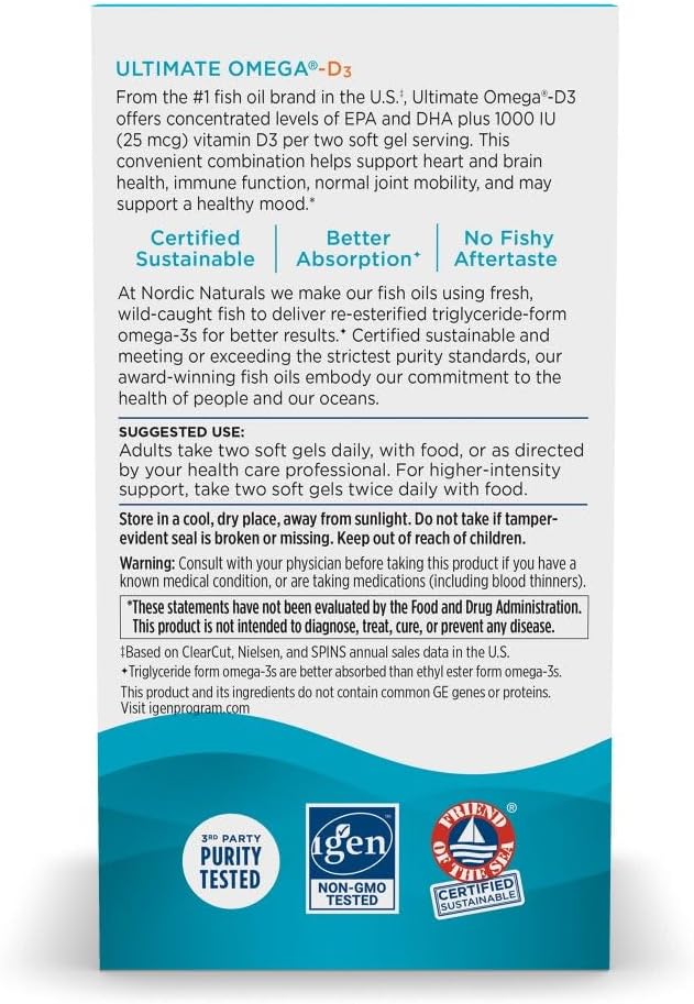 Nordic Naturals Ultimate Omega-D3, Lemon Flavor - 60 Soft Gels - 1280 mg Omega-3 + 1000 IU Vitamin D3 - EPA & DHA - Promotes Brain, Heart, & Immune Health - 30 Servings