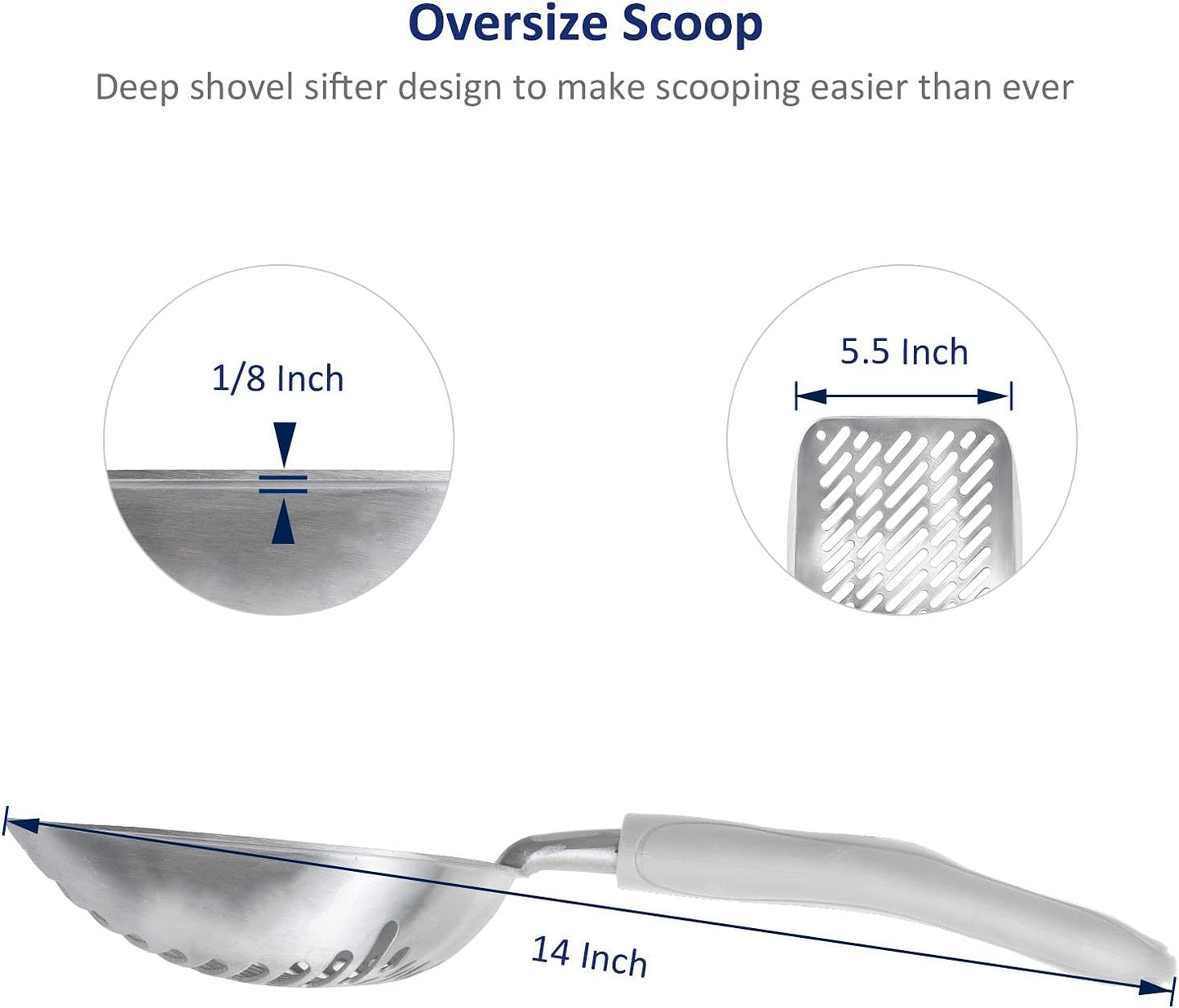 WePet Cat Litter Scoop, Aluminum Alloy Sifter, Kitty Metal Scooper, Deep Shovel with Diagonal Sifting Hole, Long Handle, Kitten Poop Lifter for Litter Box, Large Size, Grey Handle