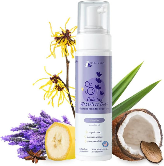 kin+kind Waterless Dry Shampoo for Dogs - Rinse-Free, Eliminate Itch and Odor, Natural Formula with Witch Hazel, Coconut Oil, Olive Oil and Lavender - Made in USA