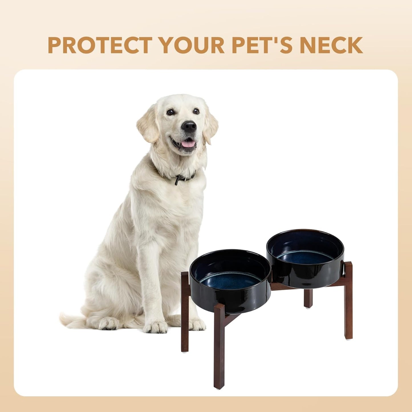 Ceramic 8.2inch Raised Double Dog Bowls Set with Acacia Wood Stand, Food & Water Bowls for Large Breed Dogs, Weighted Pet Dishes(60oz, Starry Sky)