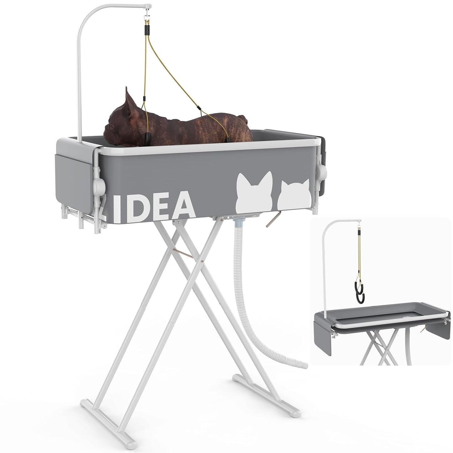 PAWZIDEA 2-in-1 Portable Dog Bathtub & Grooming Table, 33" Foldable Pet Washing Station for Small Medium Dogs Cats, Elevated Tubs for Bathing Shower Indoor Outdoor, 5 Height Adjustable, Storage Pocket