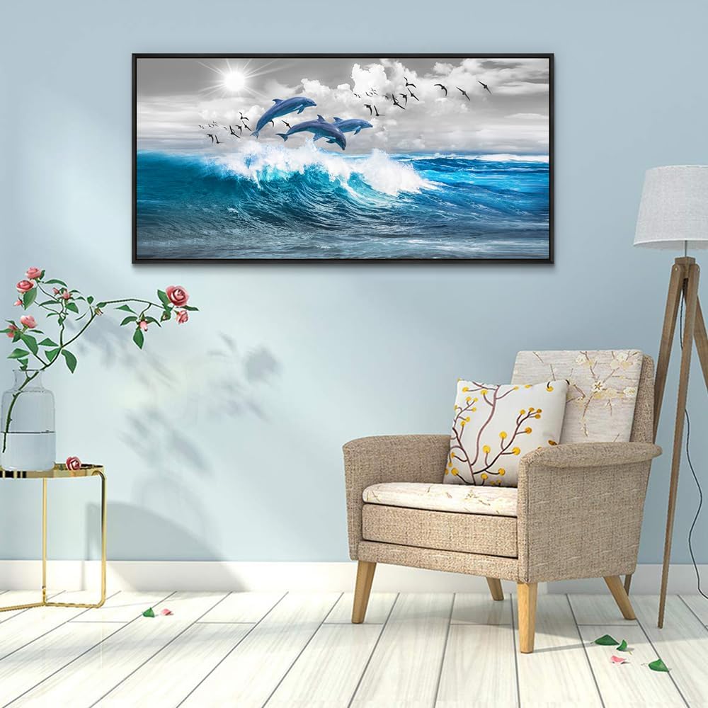 Wapluam Canvas Print Wall Art For Living Room Large Wall Decor For Bedroom Blue Waves Of The Sea Wall Pictures Artwork Modern Office Dolphins Wall Paintings Black Framed Home Decorations Poster