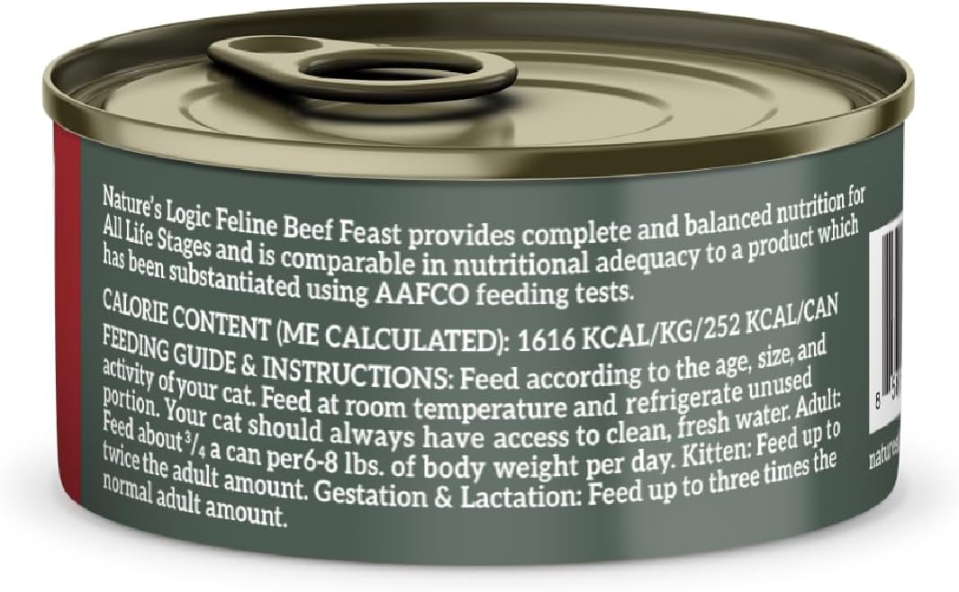 Nature's Logic Wet Can Cat Food - Feline Beef Feast 95% Animal Ingredients - No Synthetic Vitamins, Minerals or Artificial Additives, 100% Natural, Grain-Free, Made in USA - Beef (5.5 oz, 24 pack)