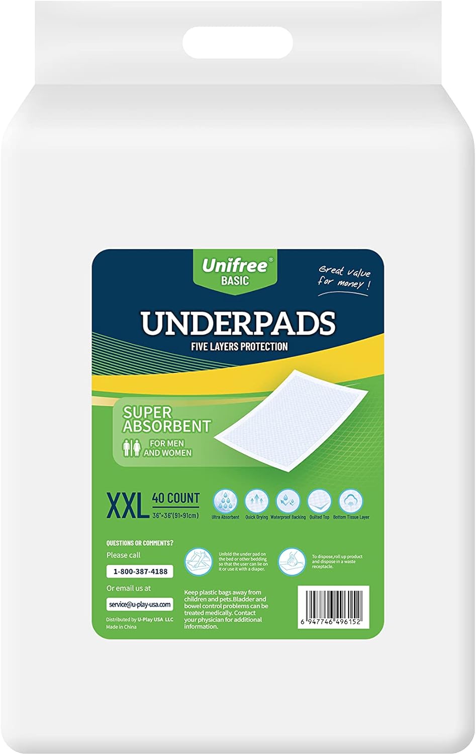 Unifree Disposable Underpads, Bed Pads, Incontinence Pad, Super Absorbent, 40 Count, Blue (XXL 36x36 Inch)