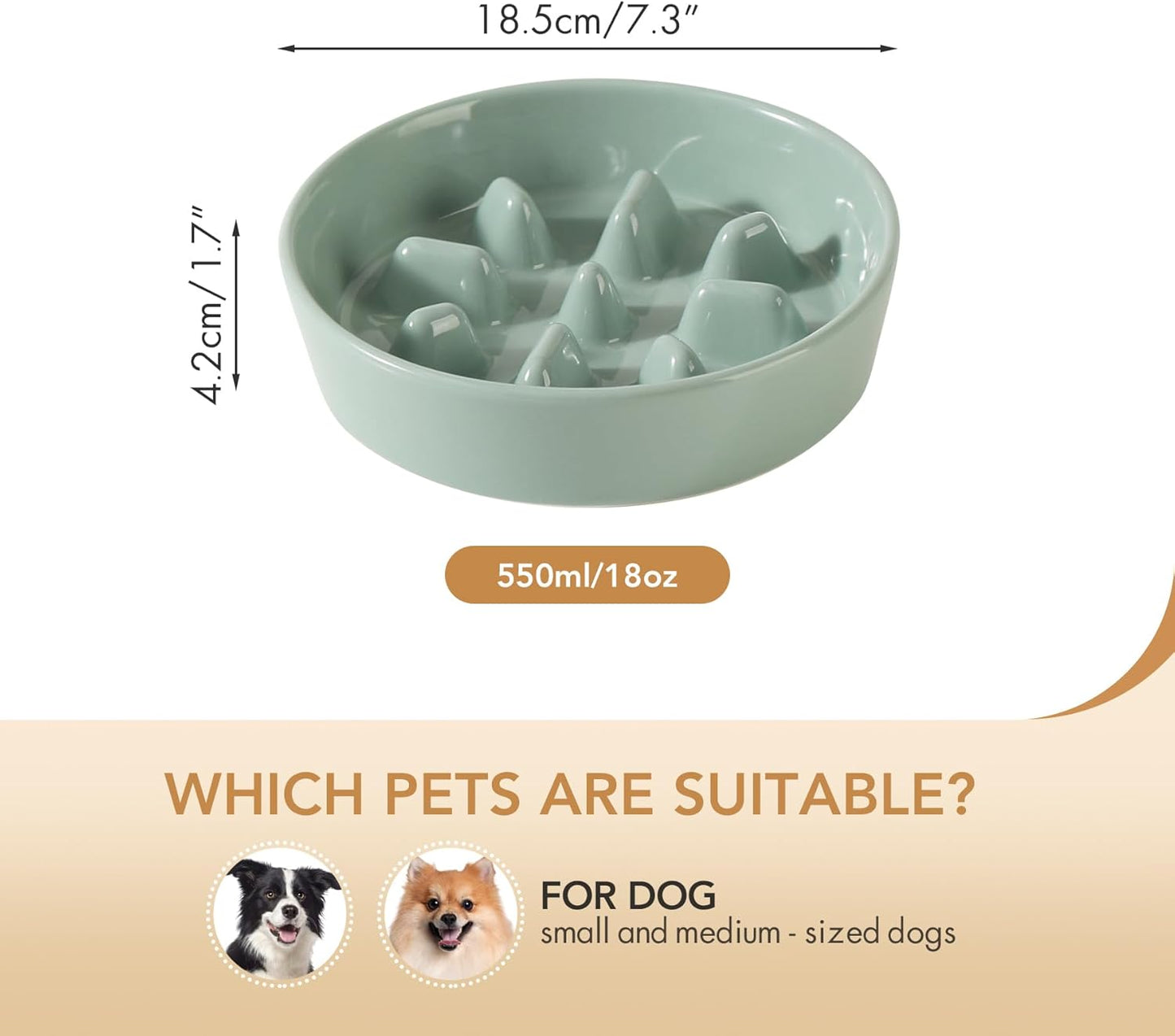 Ceramic 7.3 inch Dog Bowl Slow Feeder, Slow Pet Food Dish for Medium and Small Dog, Stop Bloat, Preventing Choking(Single Bowl, Light Green)
