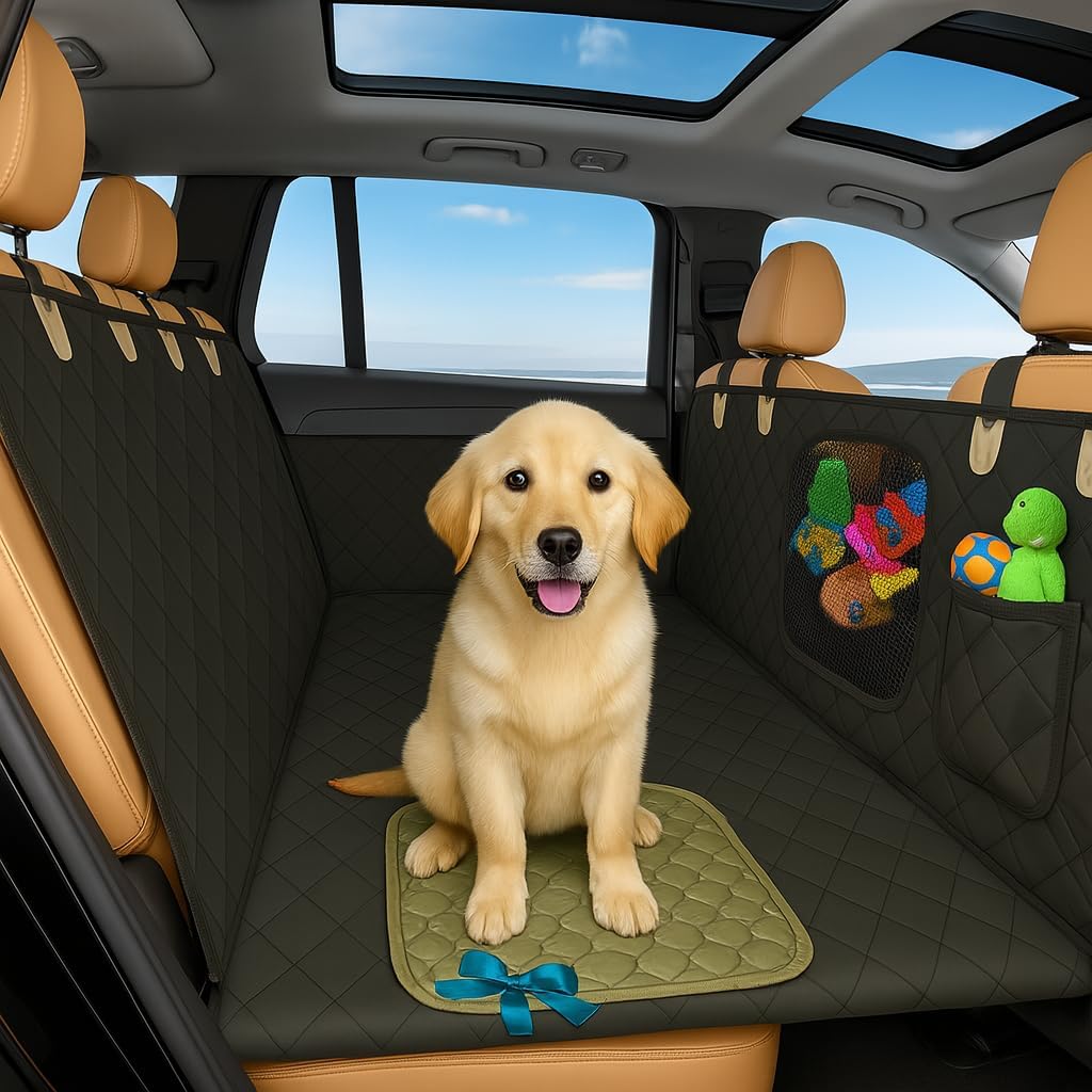 Waterproof Dog Car Seat Cover for Back Seat with Hard Bottom Inserts - Dog Hammock for Car, 600D, SUV, and Trucks - Pet Car Seat Covers - Backseat Extender for Dogs with 2 Storage Pockets, Mesh Window