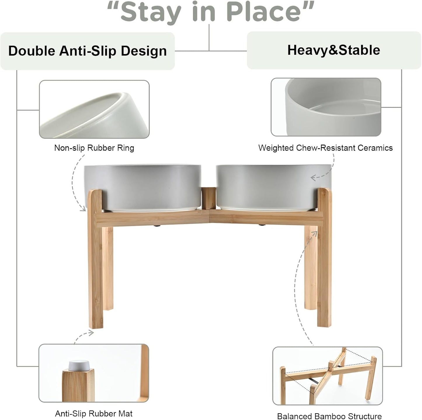 SPUNKYJUNKY Elevated Dog Bowls Ceramic, 8.3'' Dogs Food Water Bowls Raised with Non-Slip Bamboo Stand for Large Sized Breed Microwave Dishwasher Safe - 60 OZ,Grey