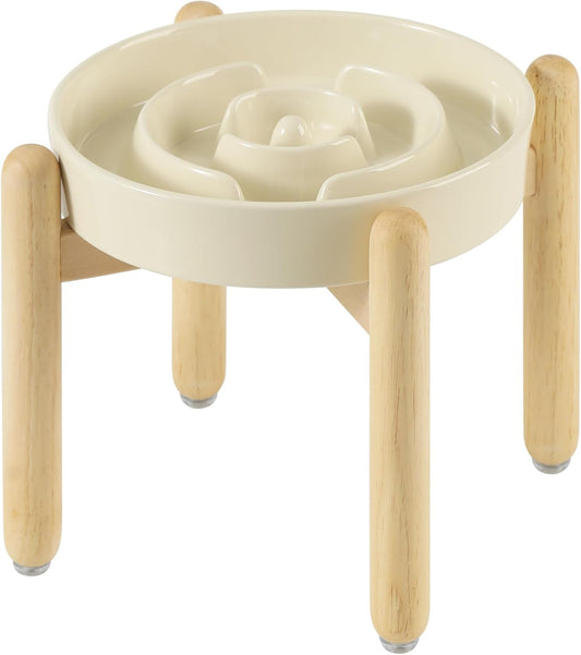 8.2inch Ceramic Raised Slow Feeder Dog Bowl Set, Elevated Wooden Stand for Large and Medium Dog, Puzzle Slow Dish, Anti-Gulping(Beige, Single Bowl+ Stand)