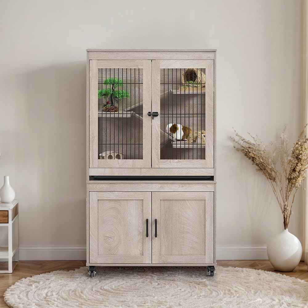 unipaws Ferret Cage with Storage, Large Vertical Hamster Cage, Iguana, Rabbits, Chinchillas, Pet Rats, Guinea Pigs - Multi-Level Small Animal Cage with Ramps, Platforms, and Wheels