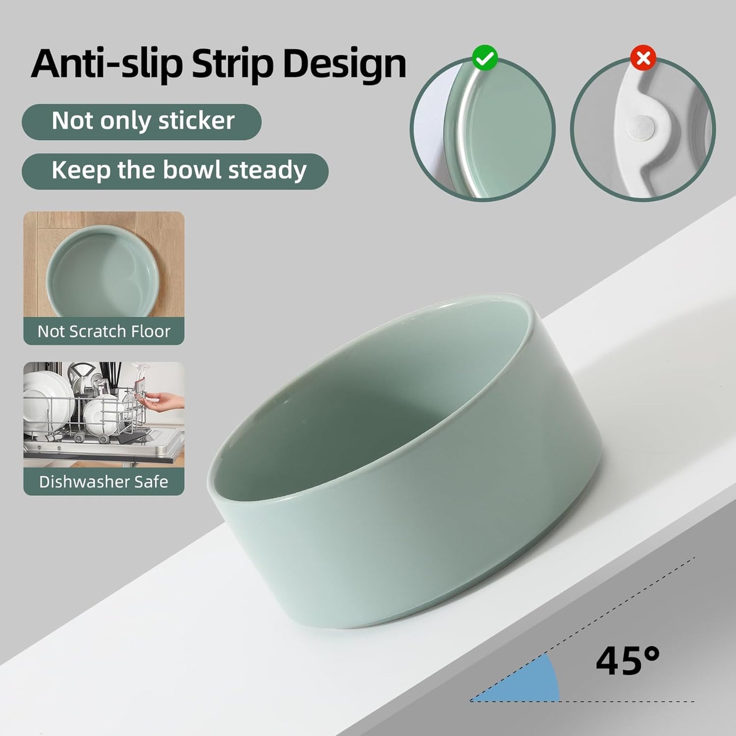 Ceramic Elevated Cat Food and Water Bowl, Kitty Bowl, Raised Cat Dish, Pet Feeder (5.1 in, 2 x Light Green + Stand)