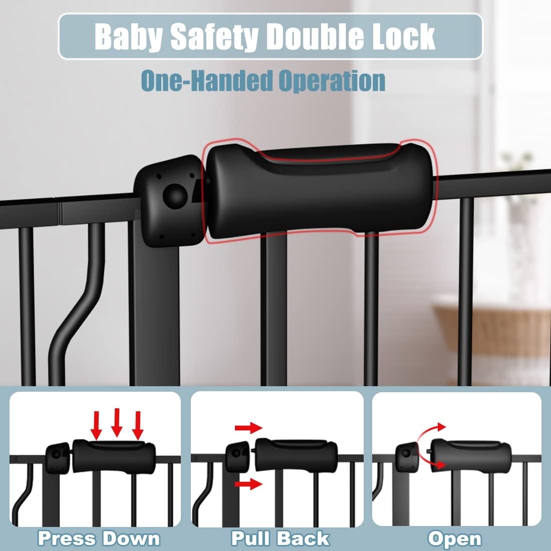 Extra Wide Black Baby Gate 38.5-43.5 Inch Walk Through Pressure Mounted Safety Gate No Drill Tension Metal Gate for Dog Cat and Infant Toddler