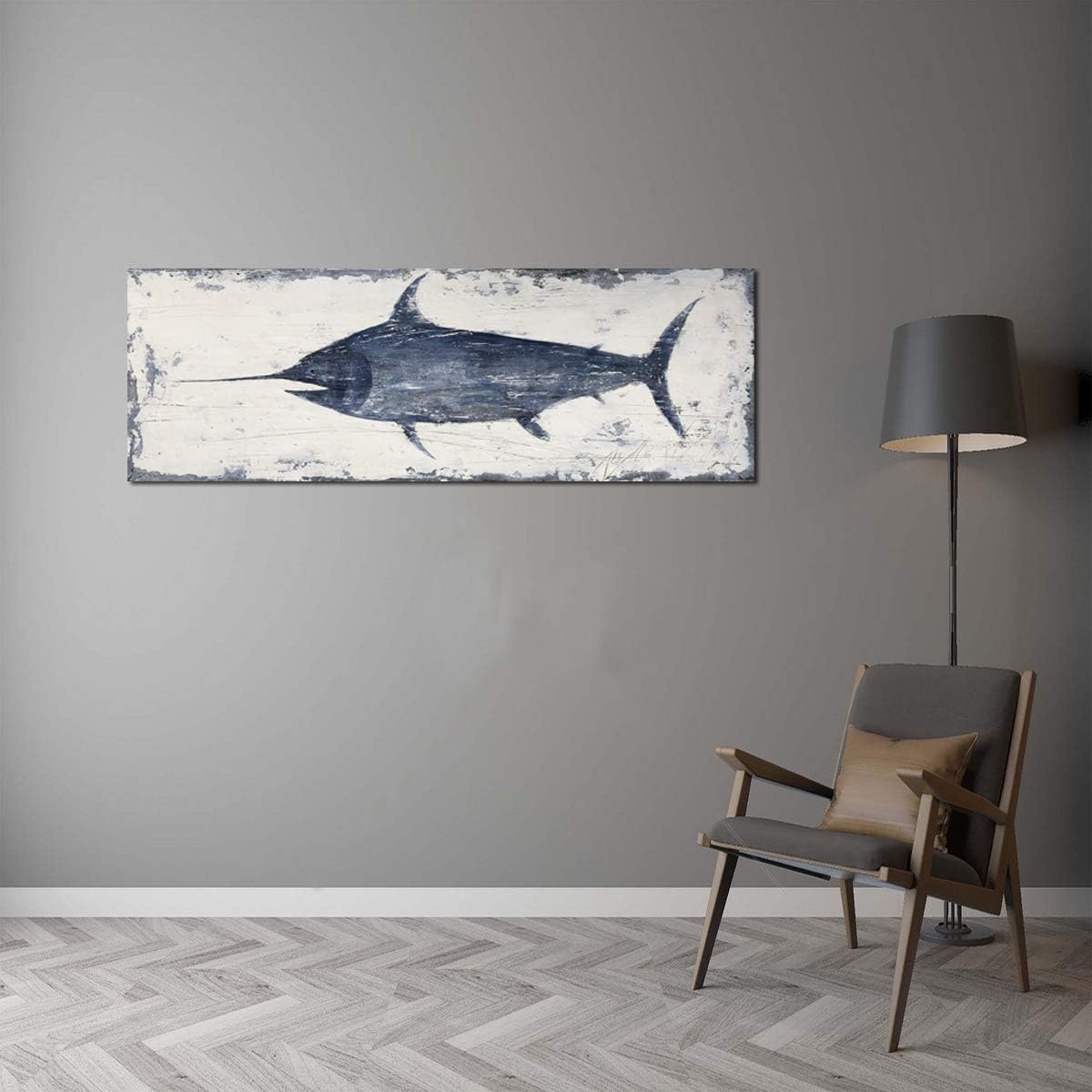 Yihui Arts Indigo Blue Swordfish Canvas Wall Art Painting Pictures for Living Room Bedroom Bathroom Decor