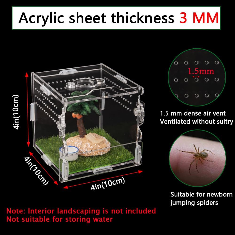 Reptile Terrarium,Tarantula Enclosure,Jumping Spider Enclosure for Tarantula Scorpion Sling Isopods Snail Reptile Invertebrates Accessories（4" X4 X4 ）