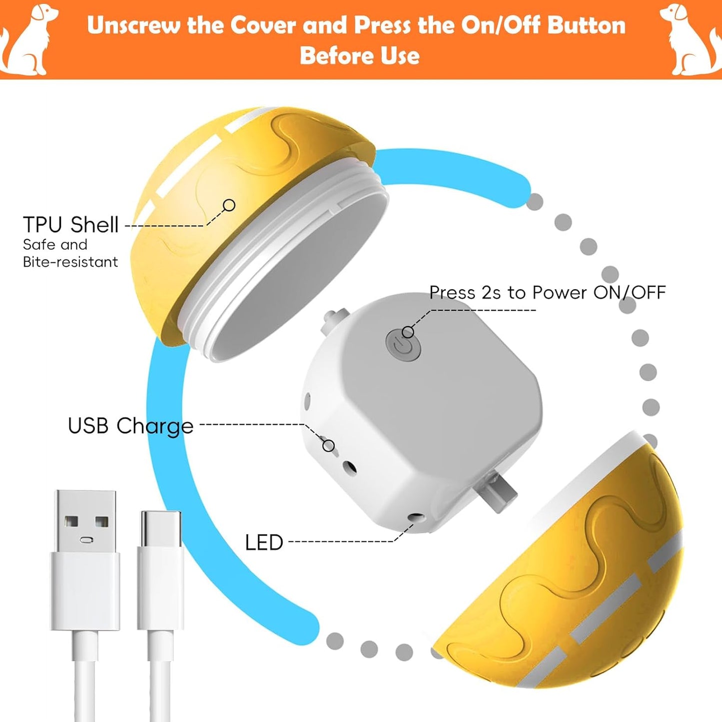 Interactive Dog Ball, Smart Interactive Dog Toys, Automatic Moving Vibrating Bouncing Pet Ball for Medium and Large Dogs, TPU Material, Rechargeable and Waterproof