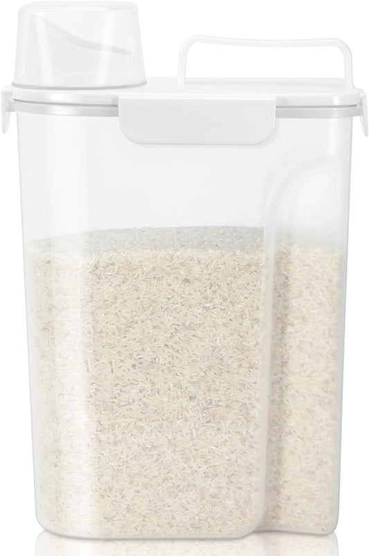 TBMax Airtight Rice Container 10 Lbs Cereal Dispenser, Small Pet Cat Dog Food Storage Container, Plastic Kitchen Pantry Food Storage Holder with Cup -White