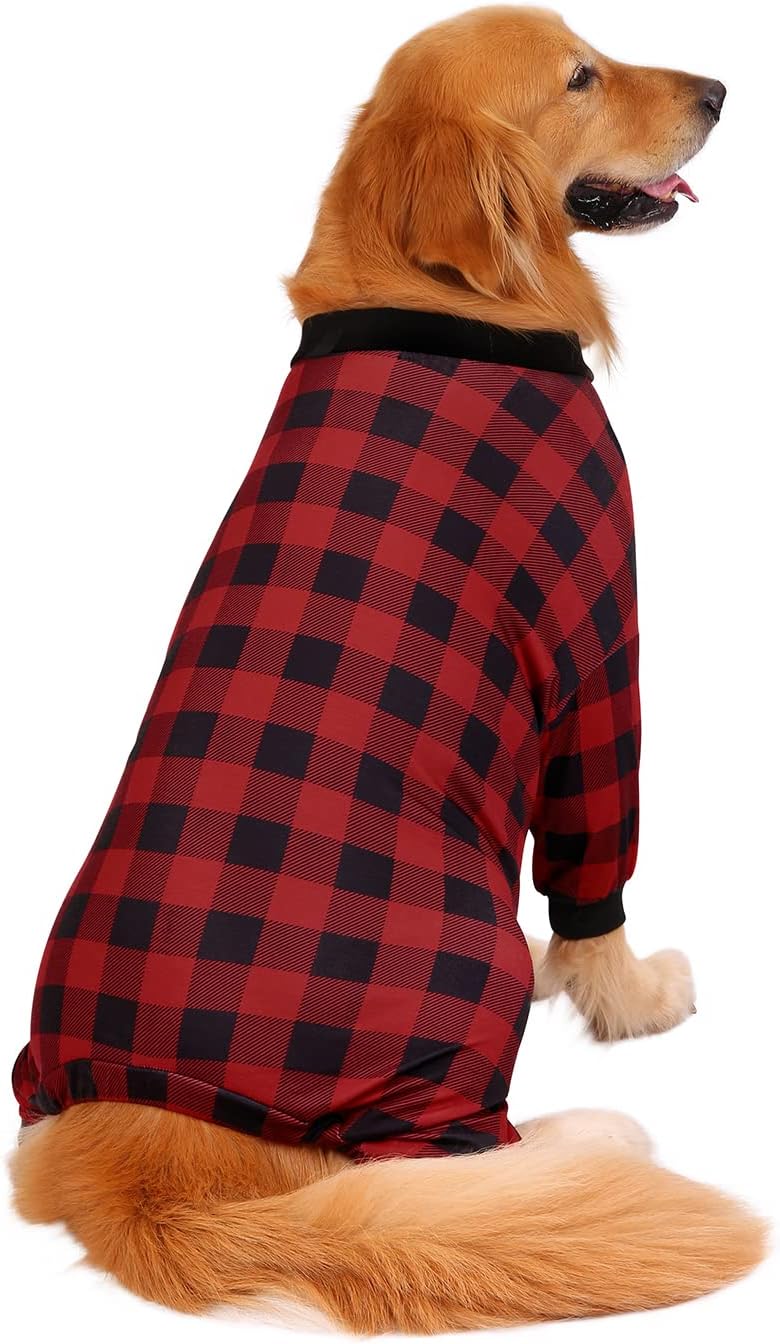 HDE Dog Pajamas One Piece Jammies Jumpsuit Pet Clothes Outfit Stretchy Lightweight Comfy Shirt Pjs for M-3XL Dogs Buffalo Plaid - L