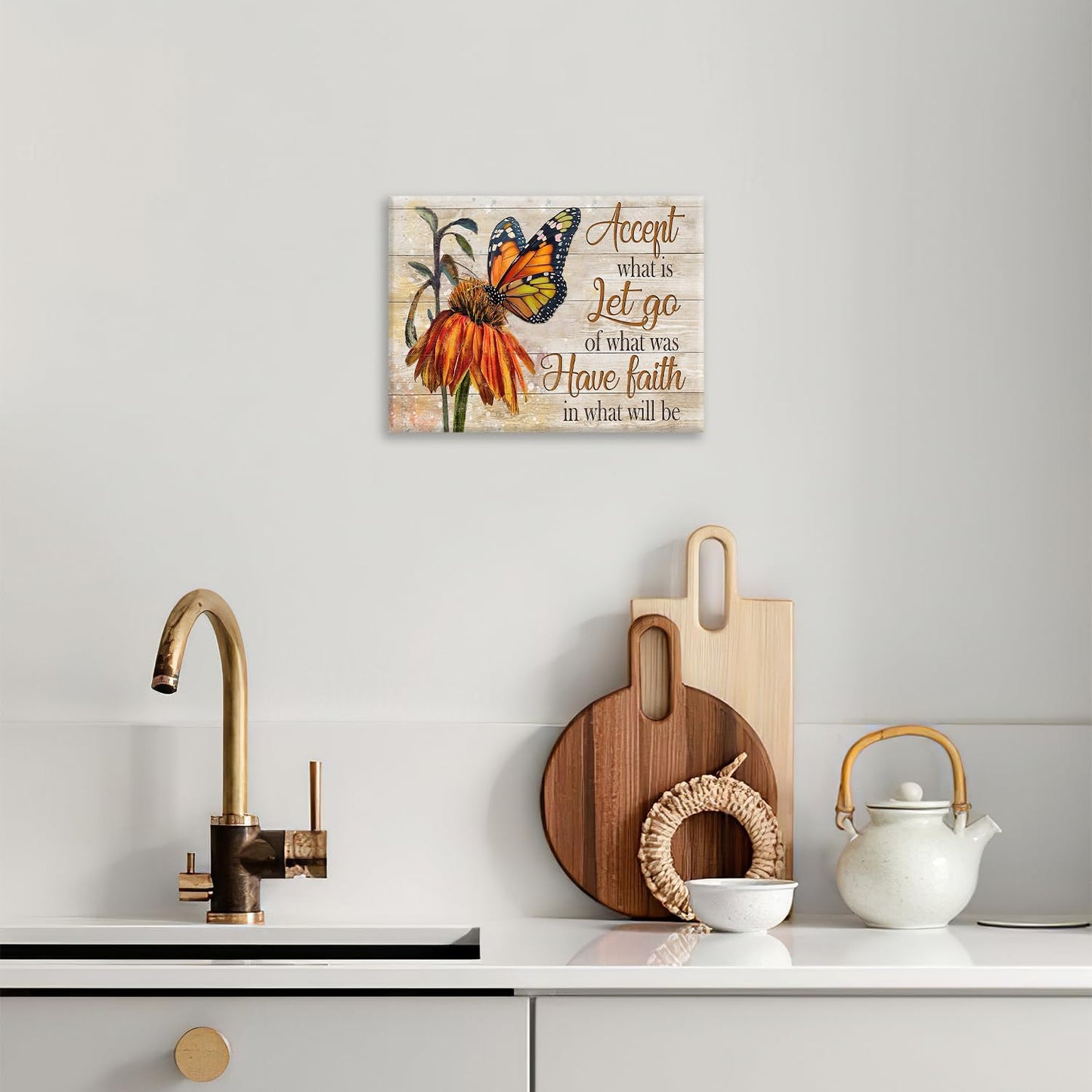 Farmhouse Butterfly Bathroom Pictures Wall Art, Rustic Floral Country Bathroom Wall Decor, Daisy Inspirational Framed Painting Canvas Artwork for Bedroom Living Room Decorations 20"L x 16"W