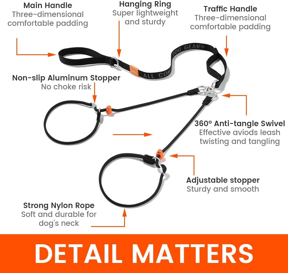 Howgo Double Slip Leash Slip Lead with Two Handles| Dual Dog Slip Lead for 2 Dogs,360° Swivel No Tangle | Dog Training Collar | Double Clip Leash Coupler and Splitter (Black, 6FT)