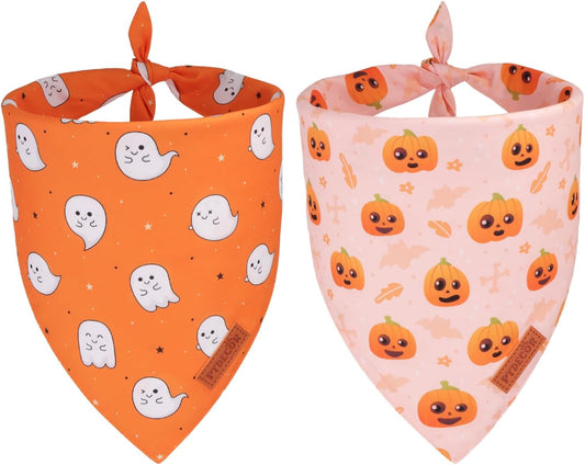 PTDECOR Halloween Dog Bandana, Cute Ghost Pumpkin Design Reversible Holiday Pet Scarf, Adjustable Orange Yellow Halloween Bandanas for Small Dogs Puppies Cats(Small)