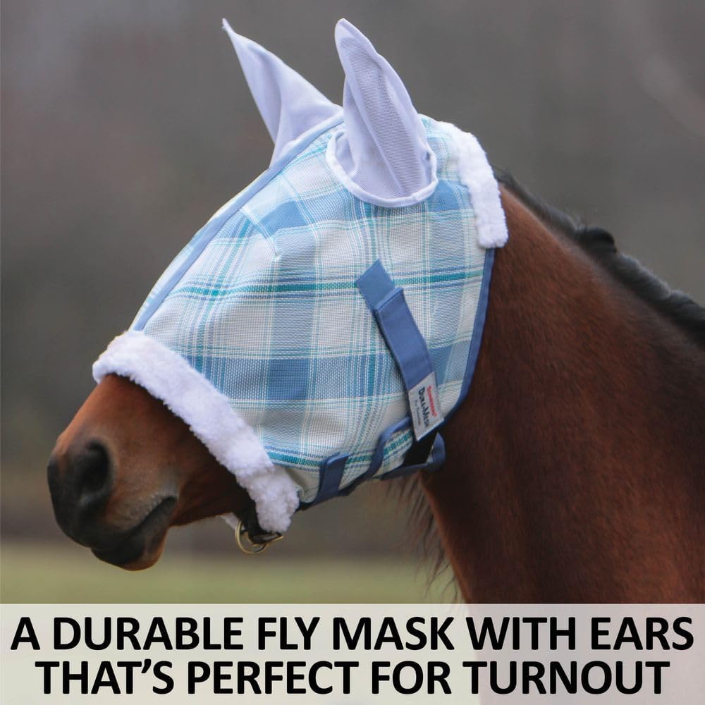 Schneiders Dura-Mesh Plaid Fly Horse Mask with Ears | Ultra-Durable 1000D Mesh | 70% UV Protection | Breathable Open Weave | Color Blue Plaid | Size Cob
