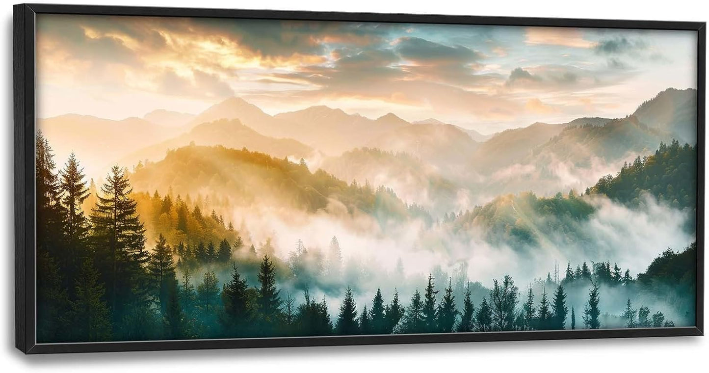 Mountain Large Wall Art Foggy Forest Landscape Pictures Sunrise Wall Decor Nature Scenery Canvas Print Painting Artwork for Bathroom Living Room Bedroom 60L" x 30W"
