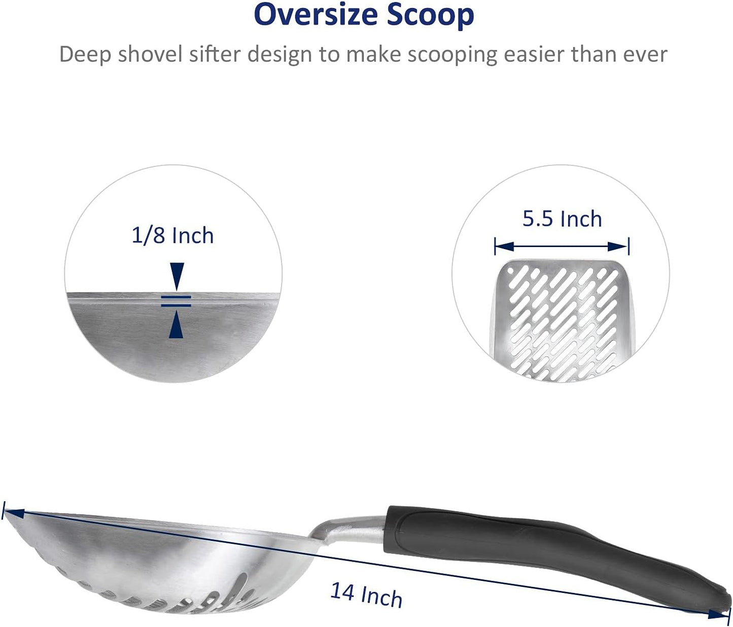WePet Cat Litter Scoop, Aluminum Alloy Sifter, Kitty Metal Scooper, Deep Shovel with Diagonal Sifting Hole, Long Handle, Kitten Poop Lifter for Litter Box, Large Size, Black Handle