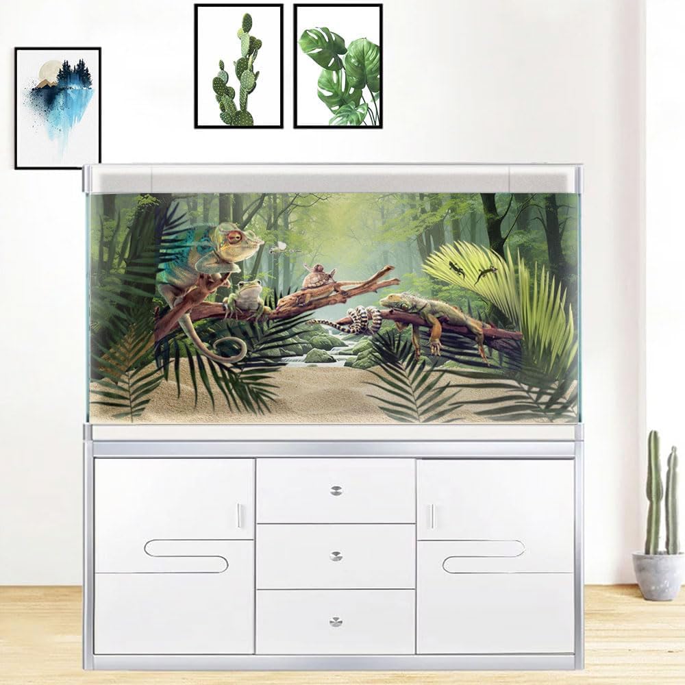 72X16IN Tropical Forest Terrarium Background, Natural Green Forest Tree Reptile Habitat Background, Misty Rainforest Aquarium Background, with 8 EVA Double-Sided Tape
