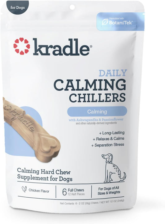 Kradle Chillers Hard Chews for Dogs - Ashwaganda GABA L-Theanine - Supports a Calm Demeanor - 6 Hard Chews