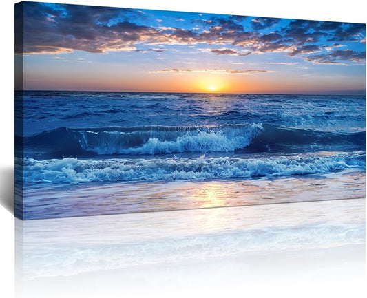 Lapremoly Framed Canvas Wall Art - Large Blue Ocean Beach Wall Painting for Living Room, Bedroom & Office - 24" x 48"