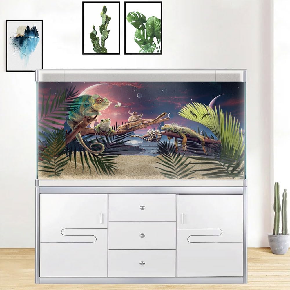 48X18IN Cosmic Spaceterrarium Background, Cool Parallel Space Themed Aquarium Reptile Habitat Background, Red Moon Aquarium Background with 10EVA Double-Sided Tape