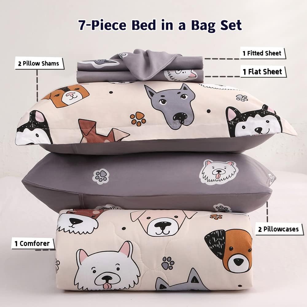 Kids Comforter Set 7 Piece Bedding Cute Dog Cartoon Animal Bed Microfiber Comforter Full Size All Season (1 Comforter, 1 Flat Sheet, 1 Fitted Sheet, 4 Pillowcase)