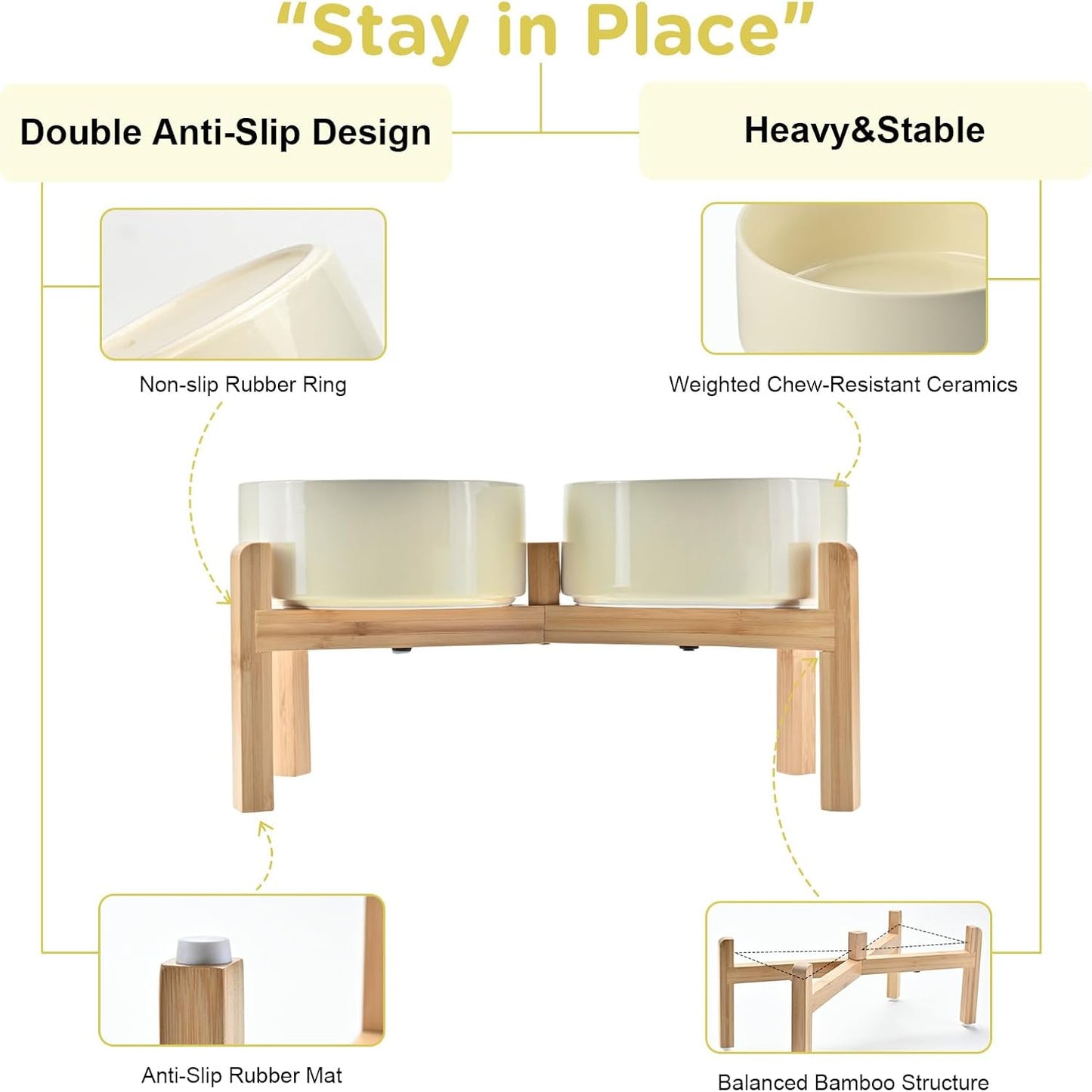 SPUNKYJUNKY Elevated Dog Bowls Ceramic, 7.3'' Dogs Food Water Bowls Raised with Non-Slip Bamboo Stand for Medium to Large Sized Breed Microwave Dishwasher Safe - 42 OZ,Beige