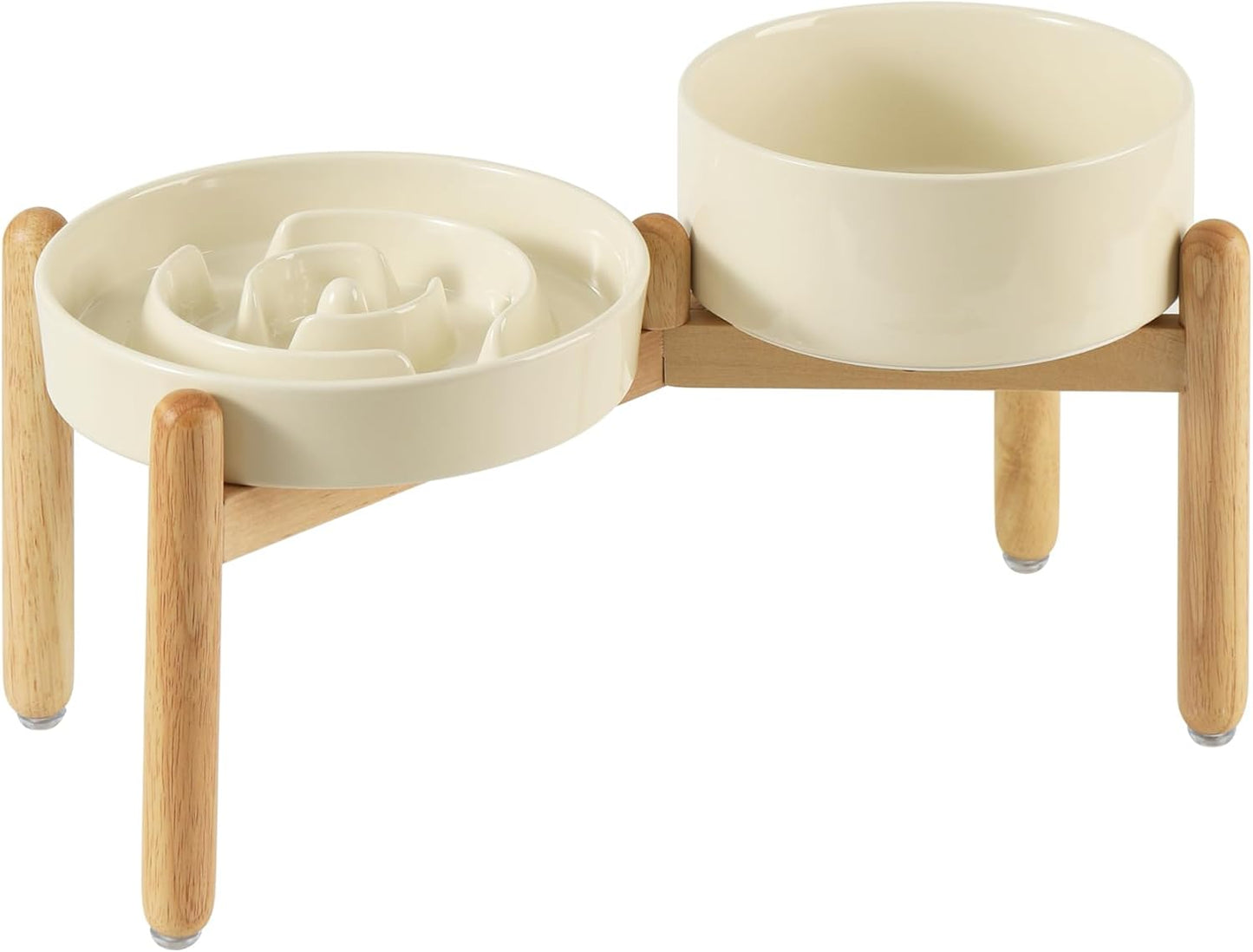 Ceramic Raised Slow Feeder Dog Bowl Set, Elevated 7.3inch Bowl and 8.2inch Puzzle Slow Dish with Wooden Stand for Medium and Large Dog, Anti-Gulping (2X Beige+ Stand)
