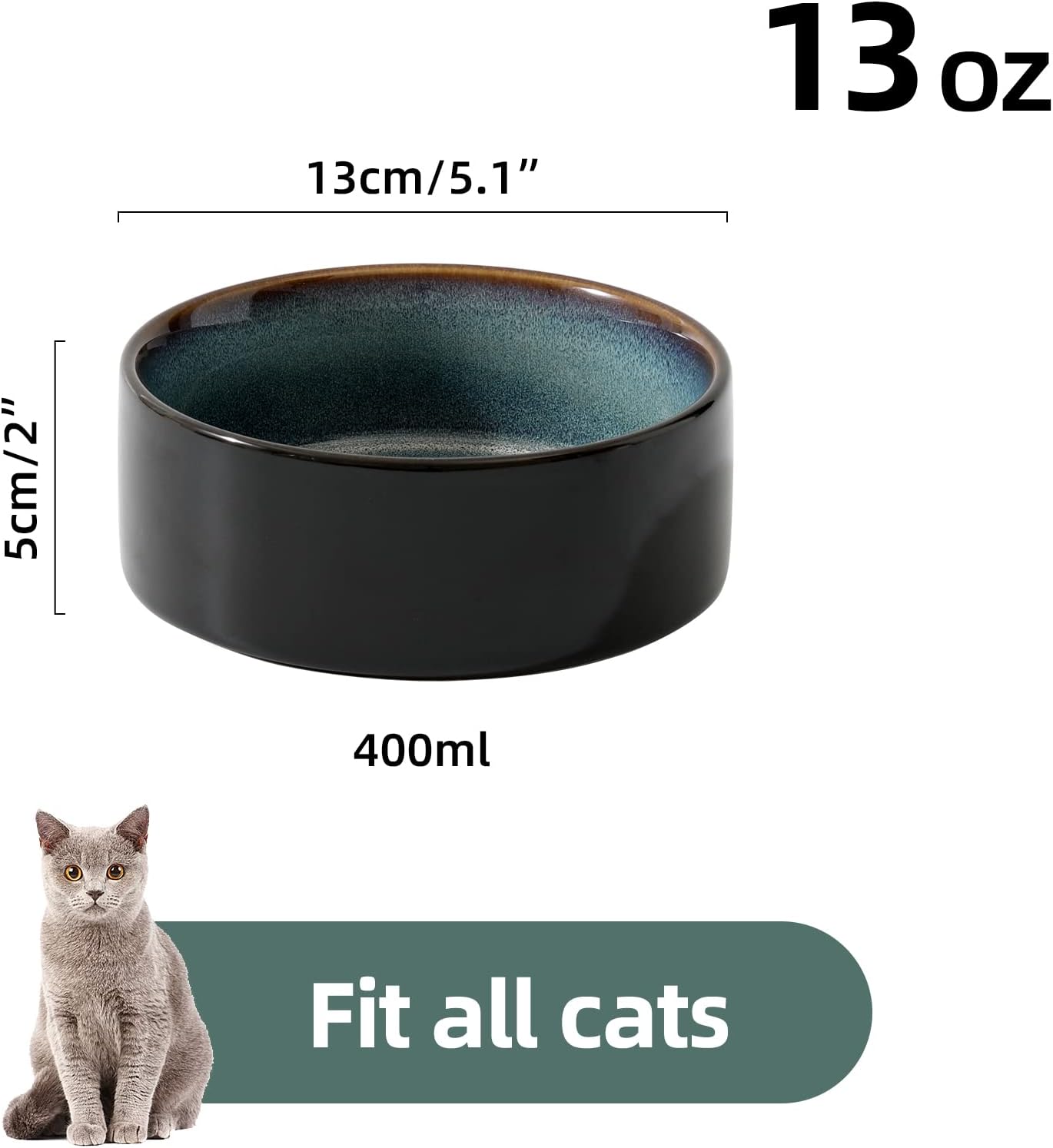 Ceramic Set of 2 Cat Bowls, Food and Water Bowls for Cats, Kitty, 2pcs Cat Dishes, Pet Feeder(5.1inch, 2 x Starry Sky Bowls)