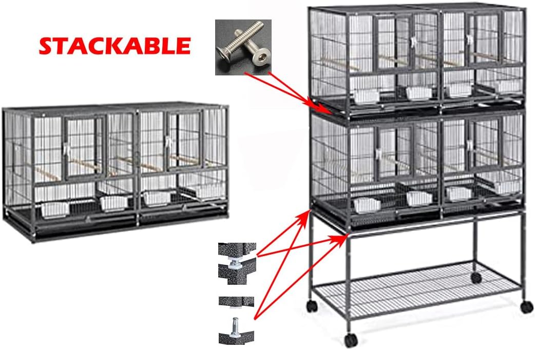 Triple Stackable Center Divided Breeder Breeding Bird Flight Double Rolling Cage Side Nesting Doors Easy Clean Pull Out Tray for Aviaries Canaries Cockatiels Lovebirds Finches Budgies Small Parrots