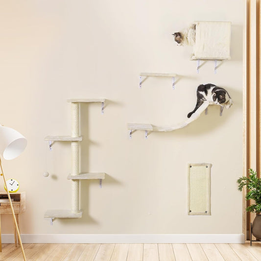 Modern Wall-Mounted Cat Furniture - 5pcs Cat Wall Shelves, Wooden Climber Includes House, Bridge, Tree, Steps, and Scratcher
