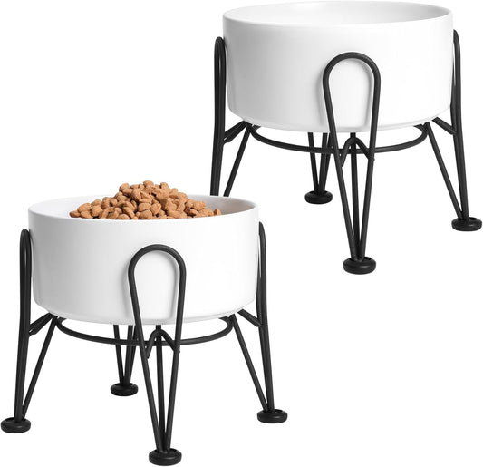Elevated Dog Bowls, Ceramic Raised Dog Bowl Set with Anti-Slip and Non-Tip Metal Stand, 2 Pack Pet Food and Water Feeding Bowls for Small and Medium Dogs (White,7.6 Cups)