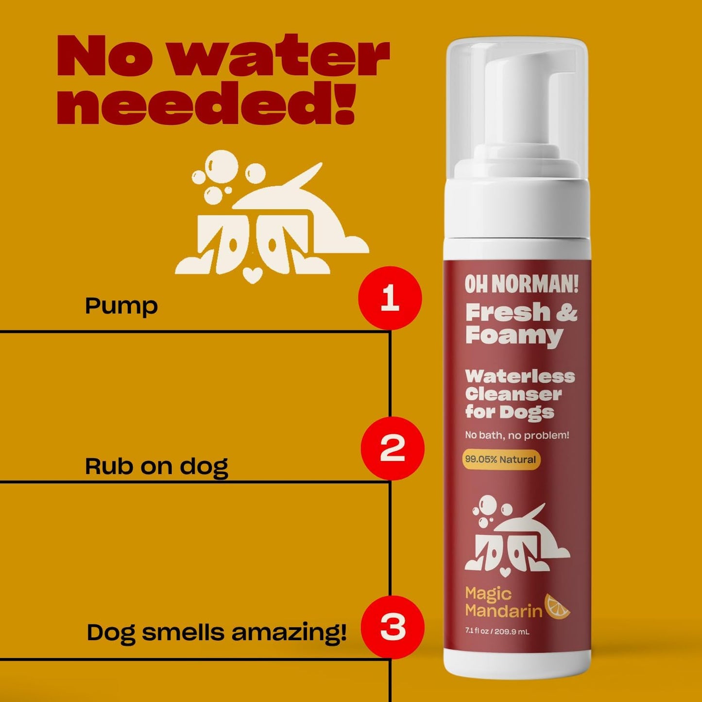 OH NORMAN! Hypoallergenic Magic Mandarin Scent Fresh and Foamy Dry Shampoo for Dogs by Kaley Cuoco - 7.1 Fl Oz Cruelty-Free Waterless Dog Shampoo No Rinse