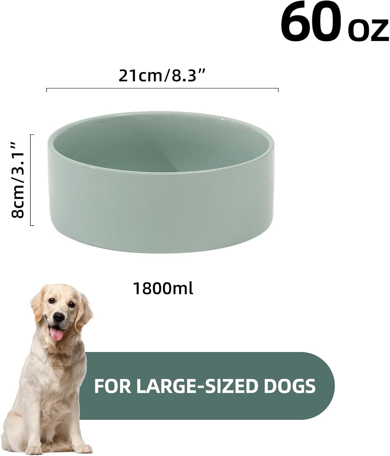Ceramic 8.2inch Dog Bowl for Large-Breed Dogs, Anti-Slip and Weighted Pet Food and Water Bowl (Single Bowl - Light Green)